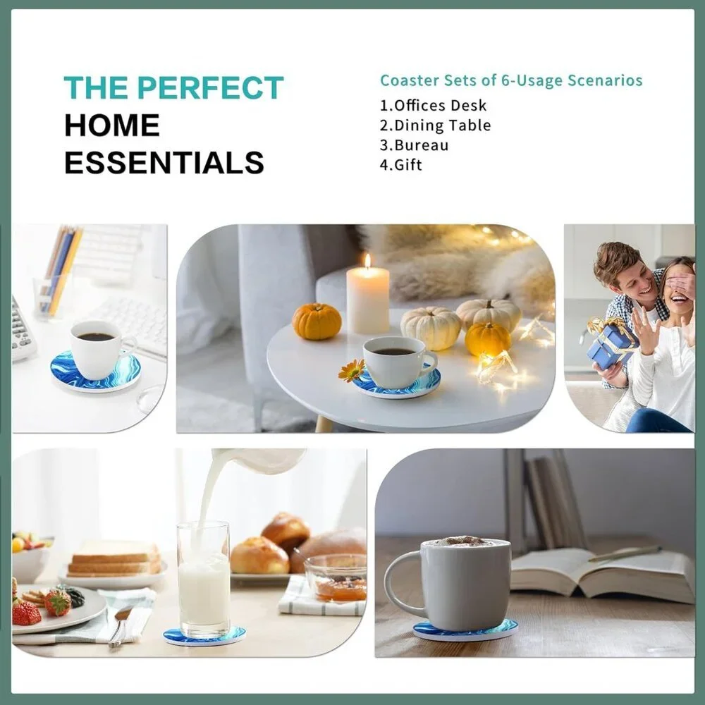 Ceramic Marble Coasters, 6 Sets of Round Tea Coasters with Holder on Dark Blue W